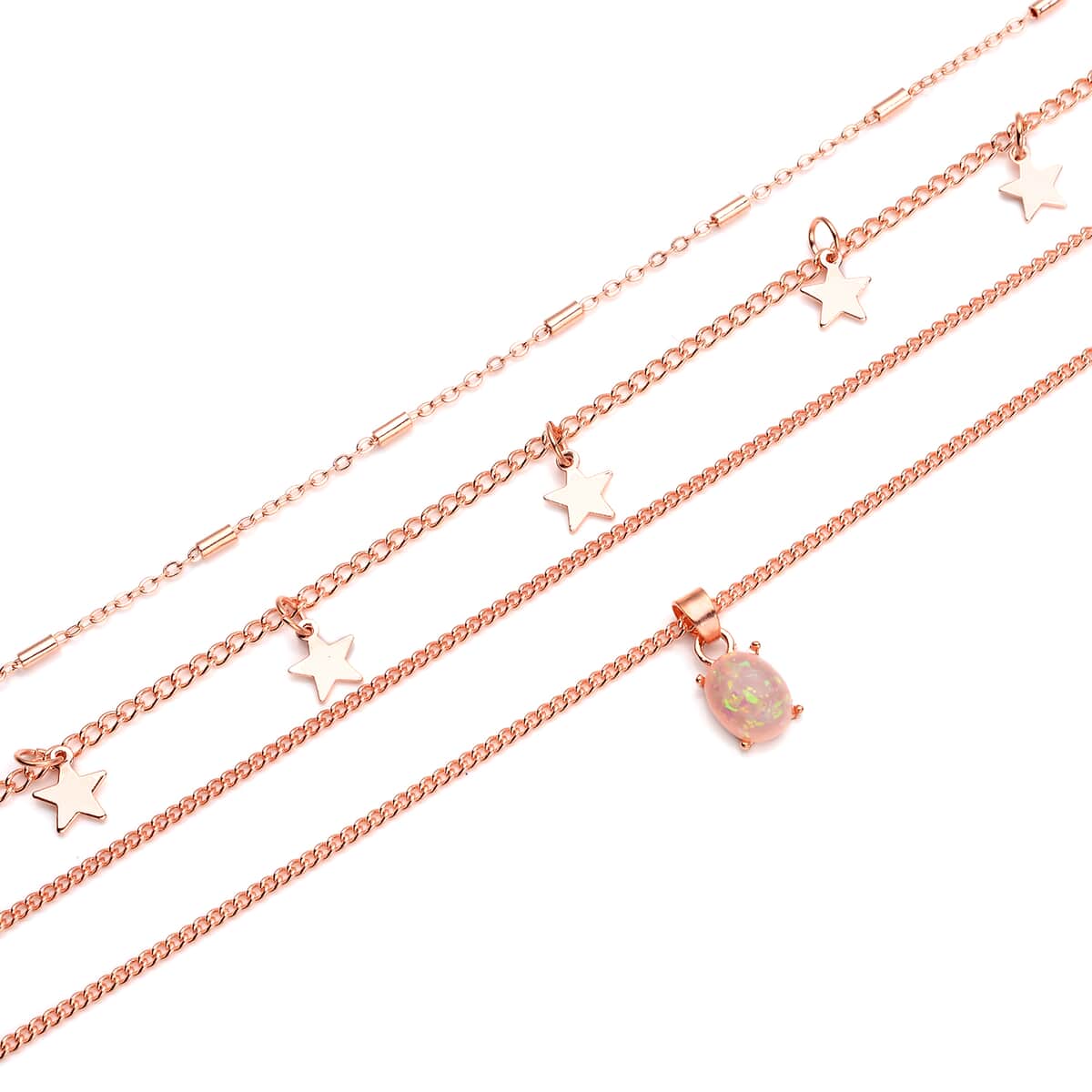 Lab Created Pink Opal Layered Link Chain Necklace 18.5-20.5 Inches with Star Charms in Rosetone image number 3