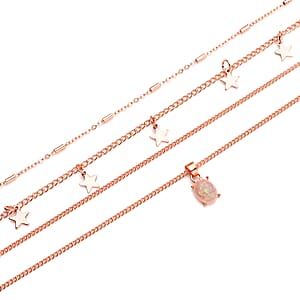 Lab Created Pink Opal Layered Link Chain Necklace 18.5-20.5 Inches with Star Charms in Rosetone