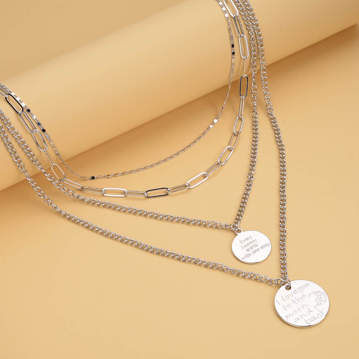 Metallic Plate with Engraved Message & Cameo Charm Layered Link Chain Necklace 18.5-20.5 Inches in Rosetone image number 1
