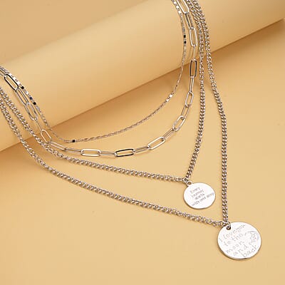 Metallic Plate with Engraved Message & Cameo Charm Layered Link Chain Necklace 18.5-20.5 Inches in Silvertone