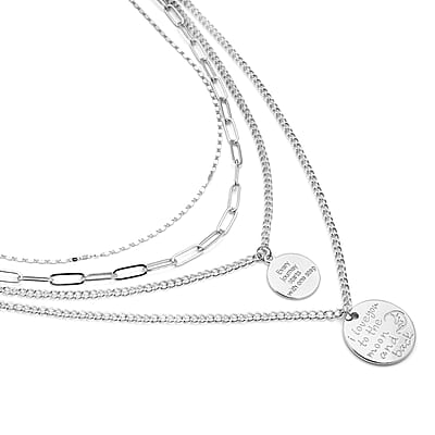 Metallic Plate with Engraved Message & Cameo Charm Layered Link Chain Necklace 18.5-20.5 Inches in Silvertone