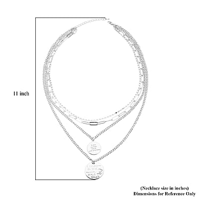 Metallic Plate with Engraved Message & Cameo Charm Layered Link Chain Necklace 18.5-20.5 Inches in Silvertone
