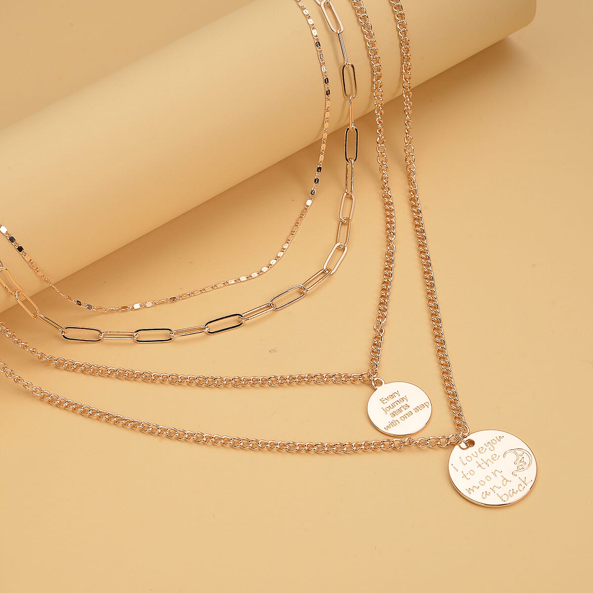 Metallic Plate with Engraved Message & Cameo Charm Layered Link Chain Necklace 18.5-20.5 Inches in Goldtone image number 1