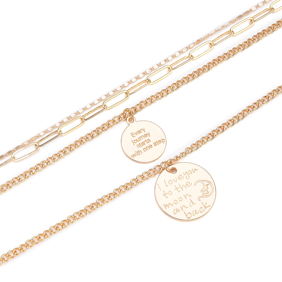 Metallic Plate with Engraved Message & Cameo Charm Layered Link Chain Necklace 18.5-20.5 Inches in Goldtone image number 3