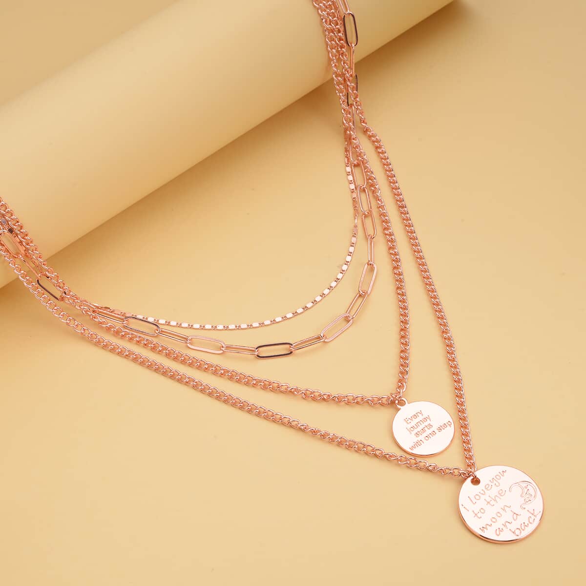 Metallic Plate with Engraved Message & Cameo Charm Layered Link Chain Necklace 18.5-20.5 Inches in Rosetone image number 1