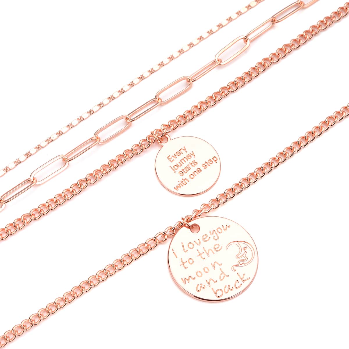 Metallic Plate with Engraved Message & Cameo Charm Layered Link Chain Necklace 18.5-20.5 Inches in Rosetone image number 3