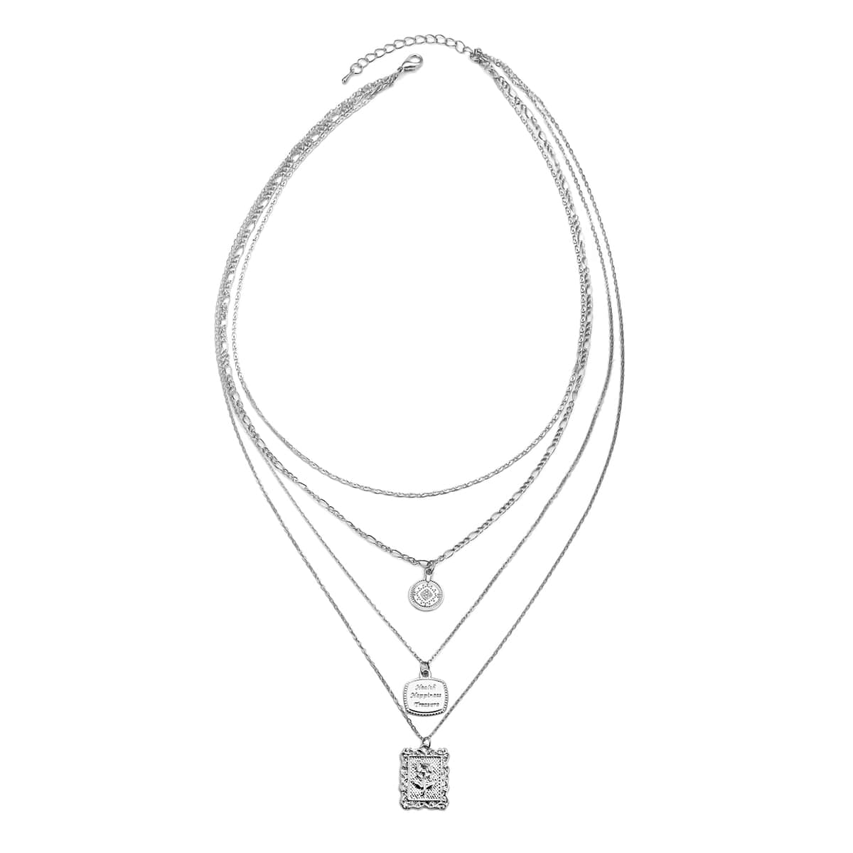 Multi Shape Coin Charm Layered Link Chain Necklace 18.5-20.5 Inches in Silvertone image number 0