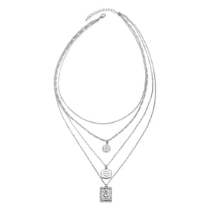 Multi Shape Coin Charm Layered Link Chain Necklace 18.5-20.5 Inches in Silvertone