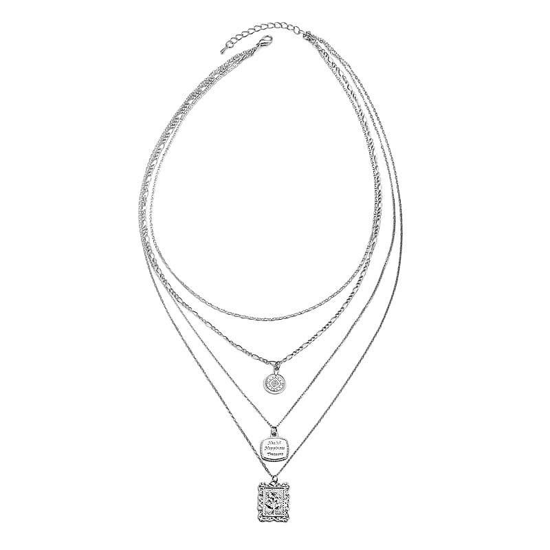 Multi Shape Coin Charm Layered Link Chain Necklace 18.5-20.5 Inches in Silvertone