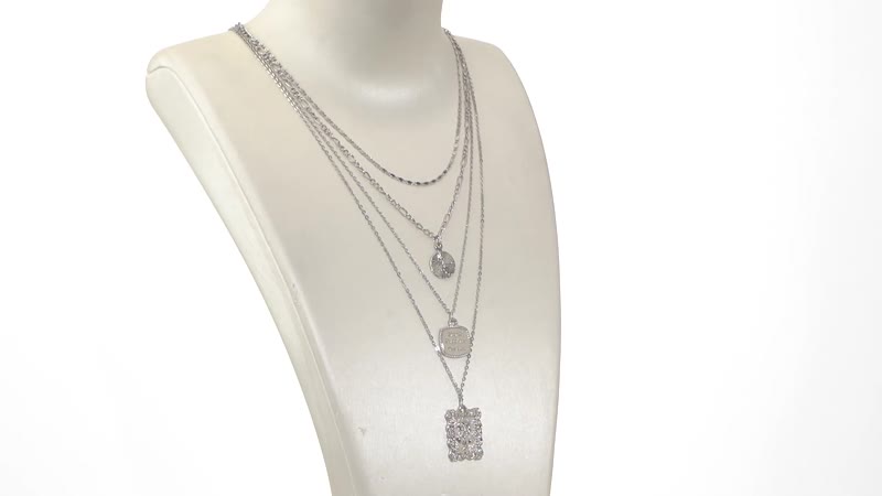 Multi Shape Coin Charm Layered Link Chain Necklace 18.5-20.5 Inches in Silvertone