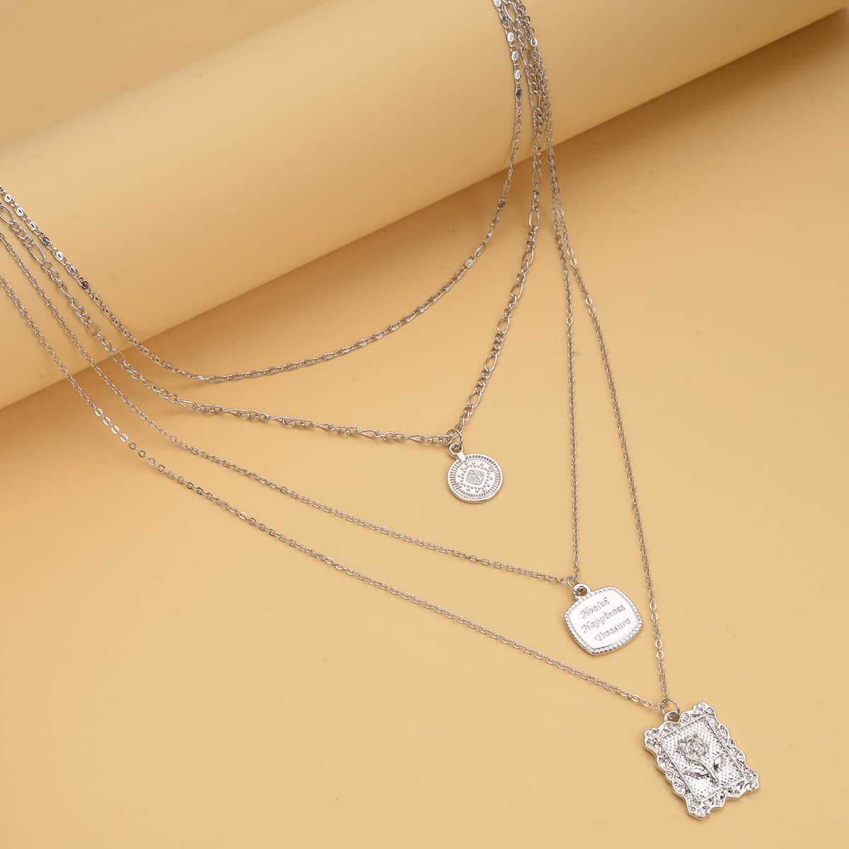 Multi Shape Coin Charm Layered Link Chain Necklace 18.5-20.5 Inches in Silvertone image number 1