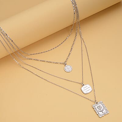 Multi Shape Coin Charm Layered Link Chain Necklace 18.5-20.5 Inches in Silvertone