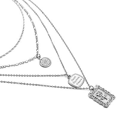 Multi Shape Coin Charm Layered Link Chain Necklace 18.5-20.5 Inches in Silvertone