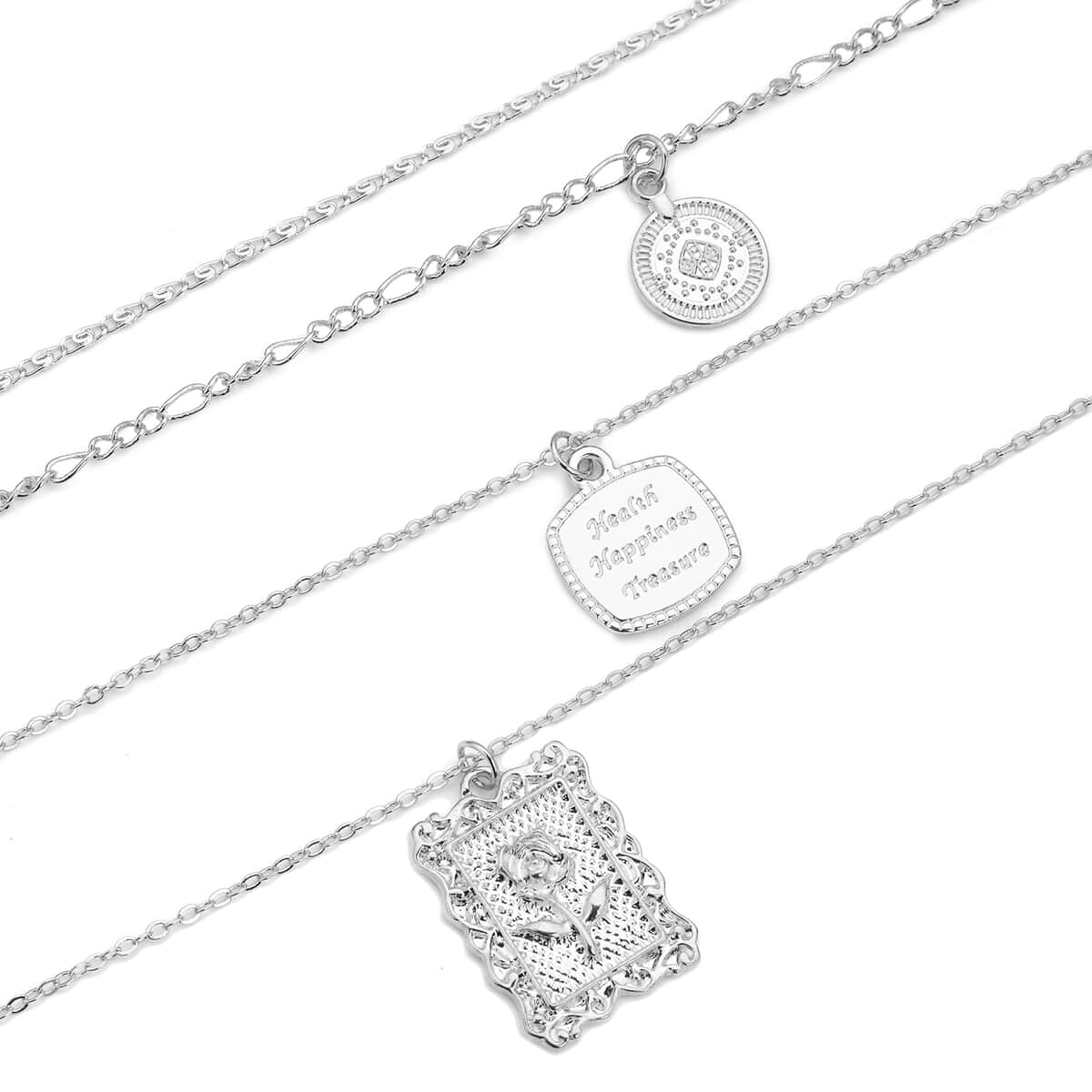 Multi Shape Coin Charm Layered Link Chain Necklace 18.5-20.5 Inches in Silvertone image number 3