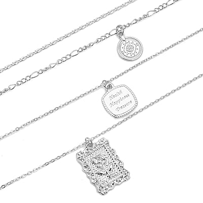 Multi Shape Coin Charm Layered Link Chain Necklace 18.5-20.5 Inches in Silvertone