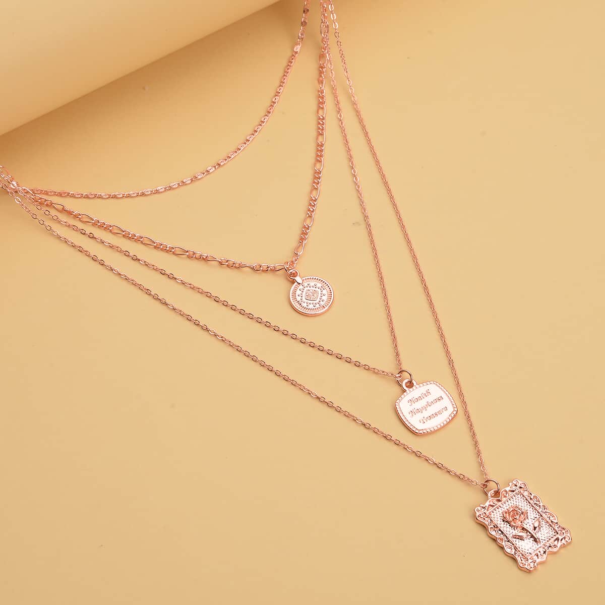 Multi Shape Coin Charm Layered Link Chain Necklace 18.5-20.5 Inches in Rosetone image number 1