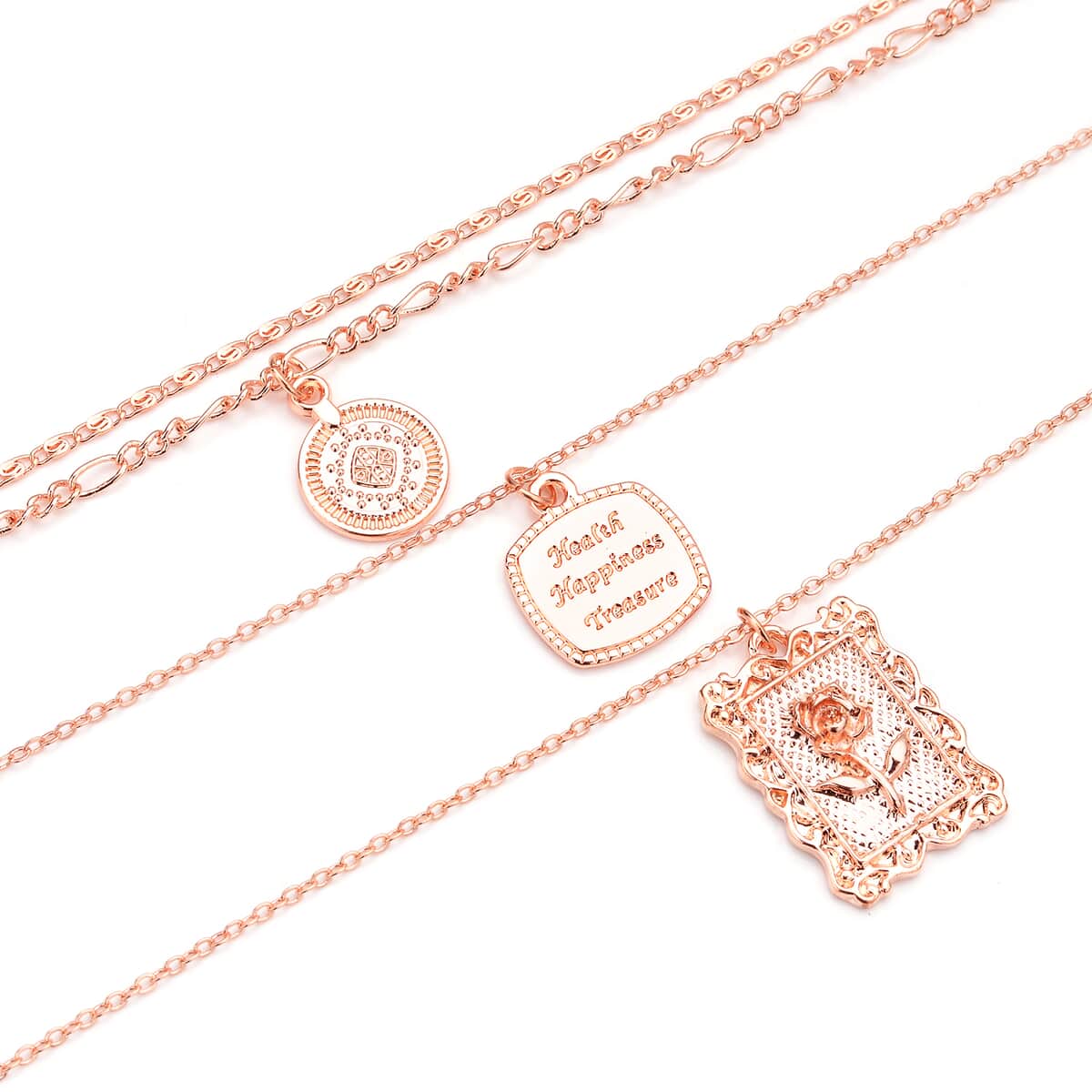 Multi Shape Coin Charm Layered Link Chain Necklace 18.5-20.5 Inches in Rosetone image number 3