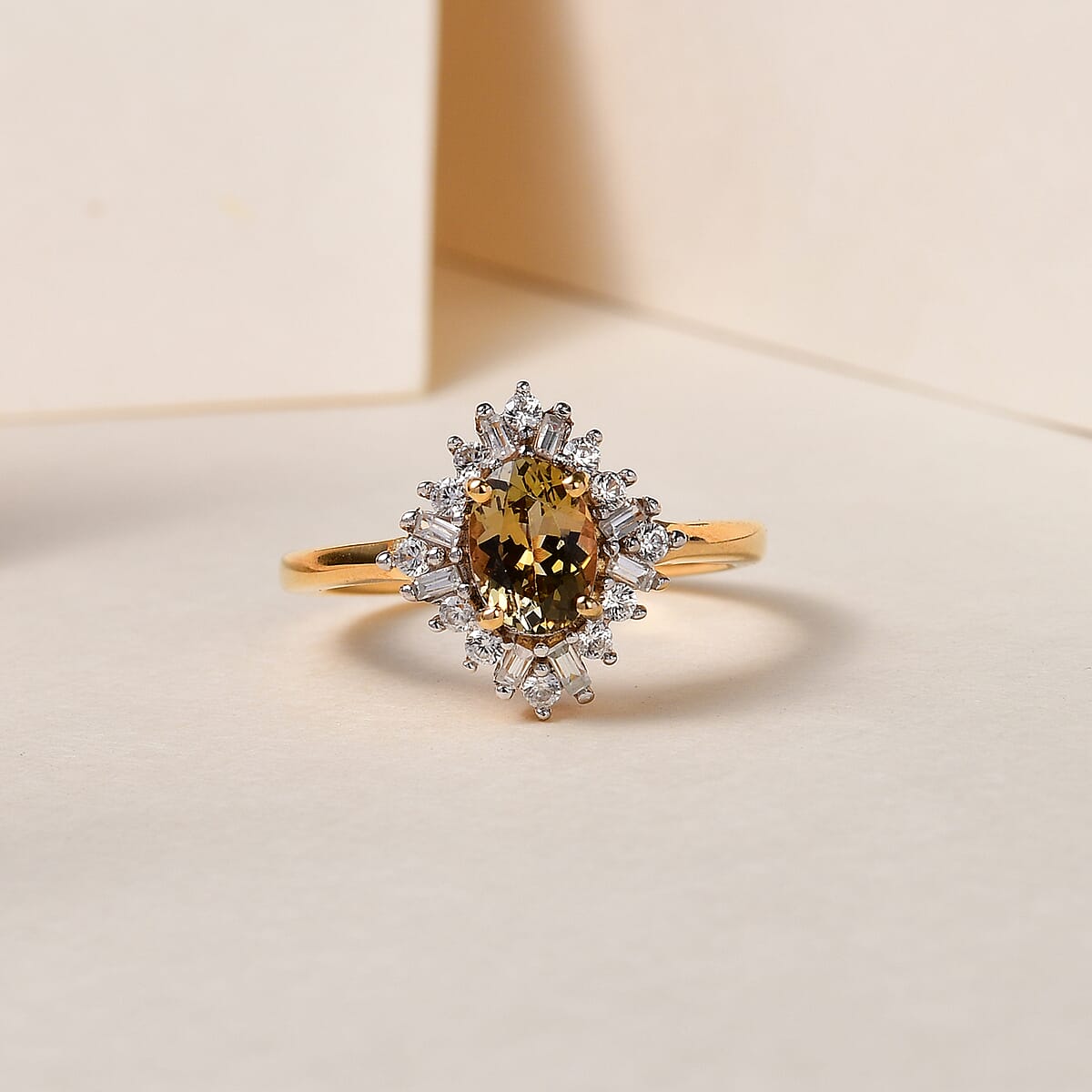 Golden Tanzanite and Natural White Zircon Ring in Vermeil Yellow Gold Over Sterling Silver (Size 8.0) 1.25 ctw image number 1