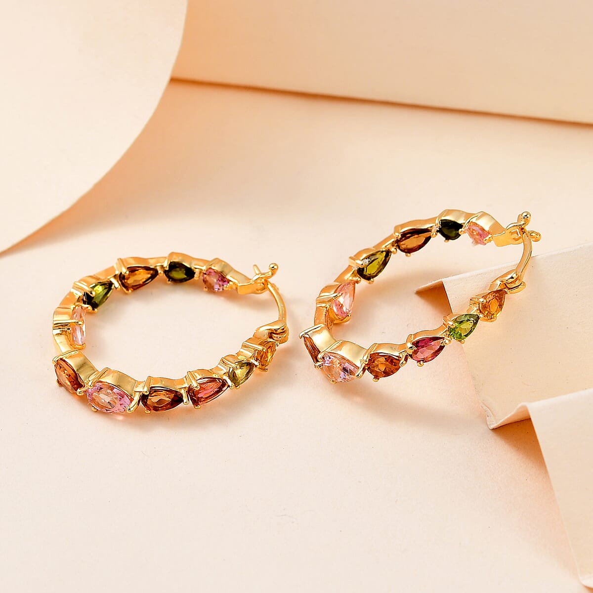 Multi-Tourmaline Hoop Earrings in Vermeil Yellow Gold Over Sterling Silver 4.85 ctw image number 1