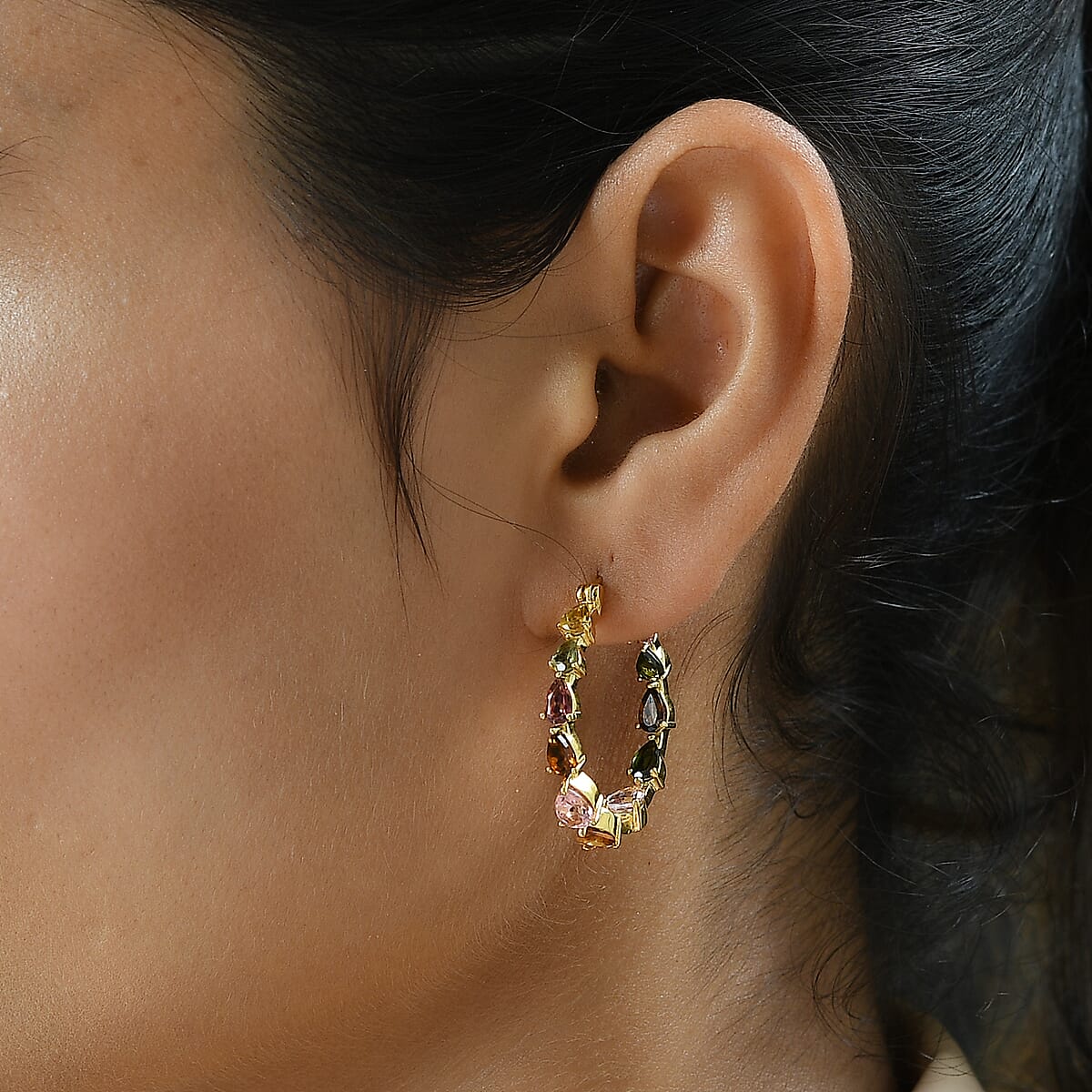 Multi-Tourmaline Hoop Earrings in Vermeil Yellow Gold Over Sterling Silver 4.85 ctw image number 2