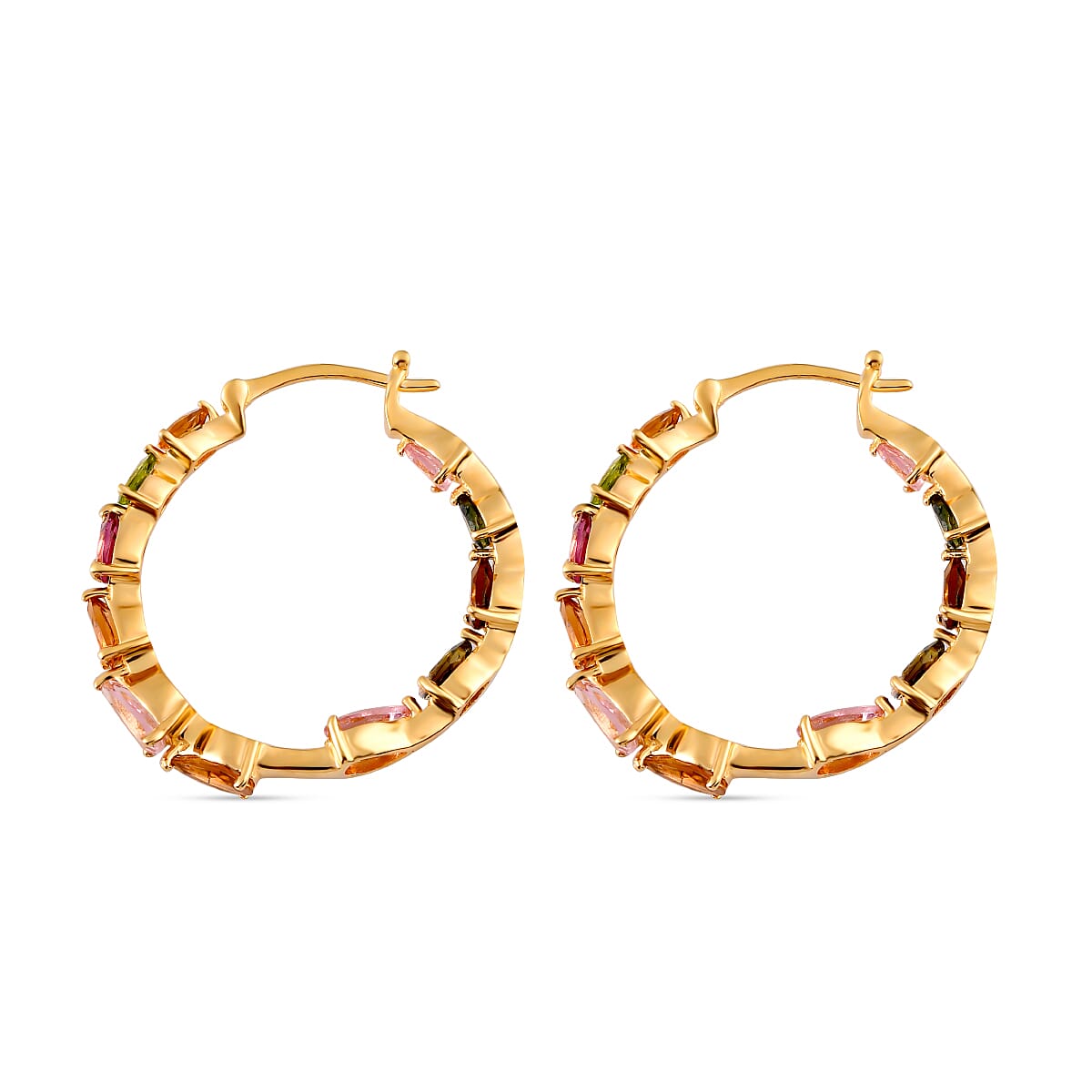 Multi-Tourmaline Hoop Earrings in Vermeil Yellow Gold Over Sterling Silver 4.85 ctw image number 3