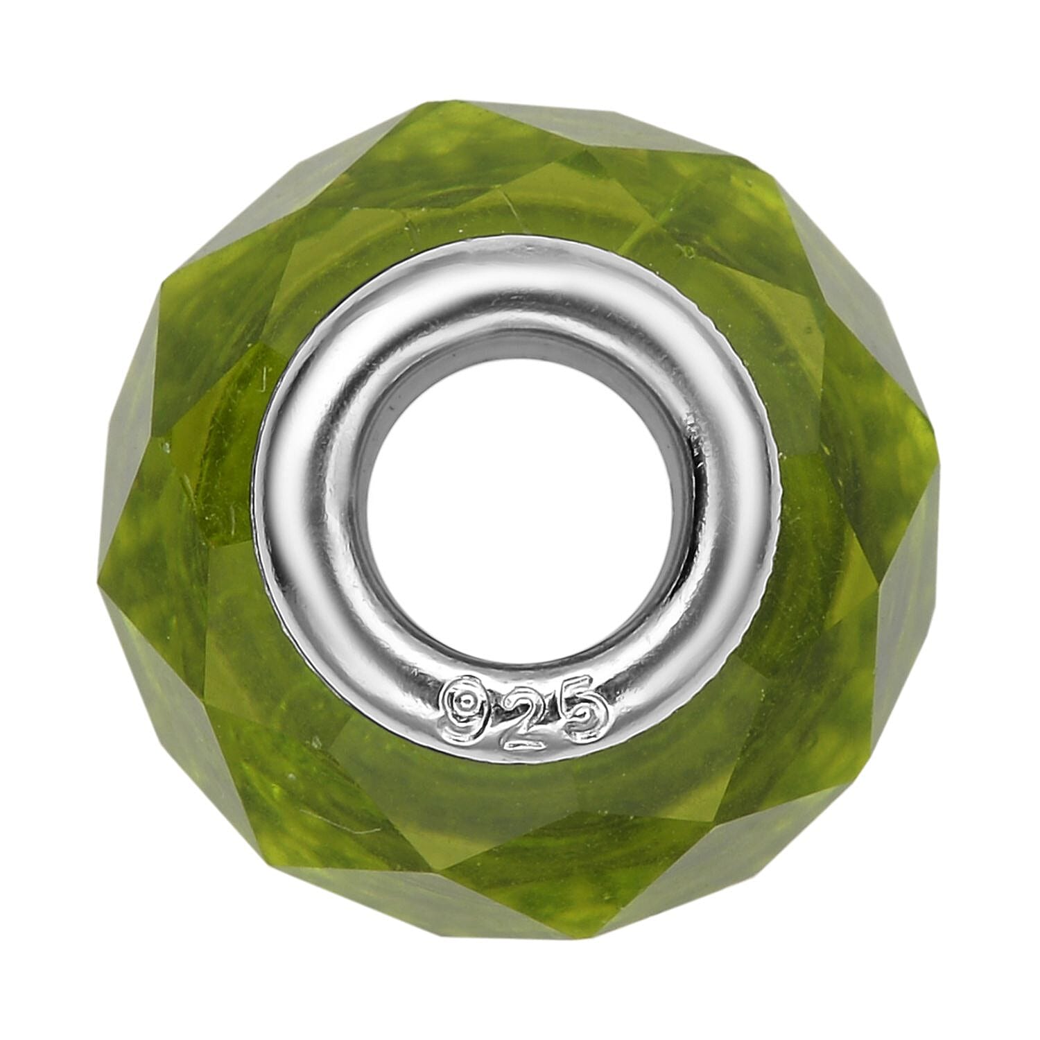 Green Glass Charm in Rhodium Over Sterling Silver