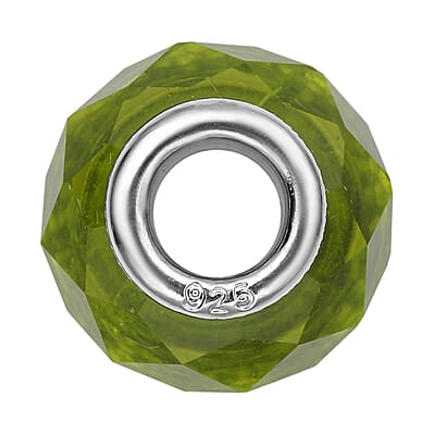 Green Glass Charm in Rhodium Over Sterling Silver