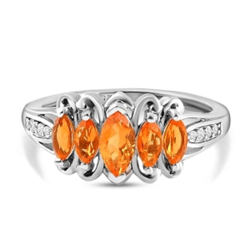 Fire Opal and White Zircon 0.66 ctw Ring in Platinum Over Sterling Silver (Size 10)