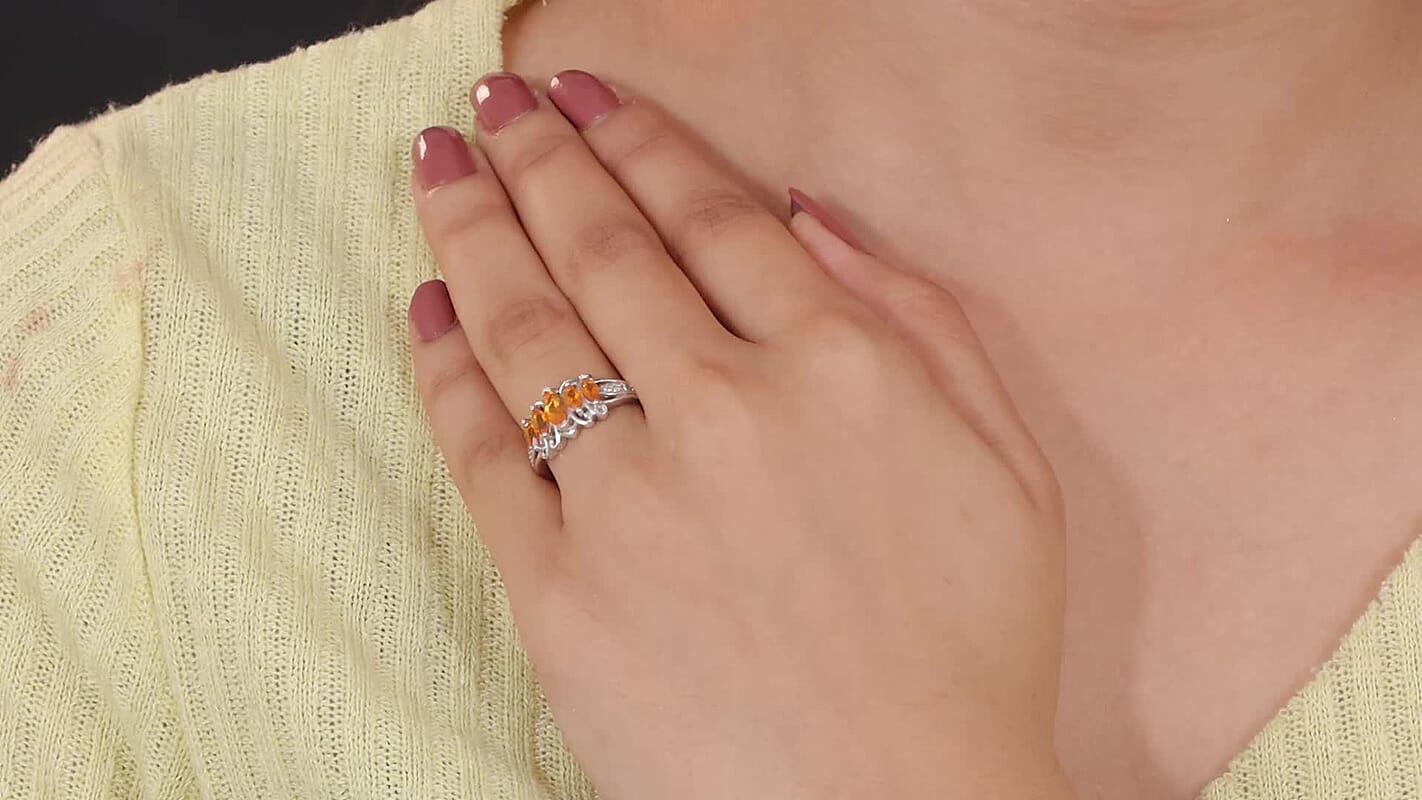 Jalisco Fire Opal, White Zircon 0.75 ctw Ring in Platinum Over Sterling Silver (Size 10.0)