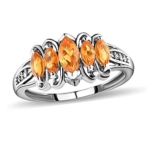 Fire Opal and White Zircon 0.66 ctw Ring in Platinum Over Sterling Silver (Size 10)