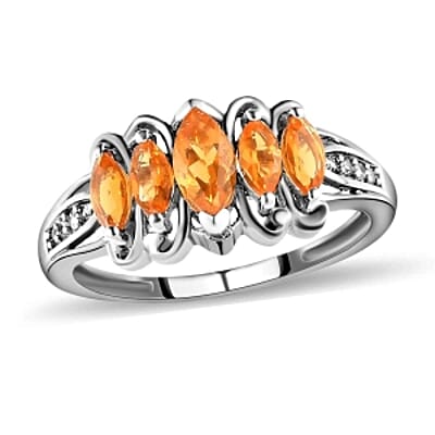 Fire Opal and White Zircon 0.66 ctw Ring in Platinum Over Sterling Silver (Size 10)