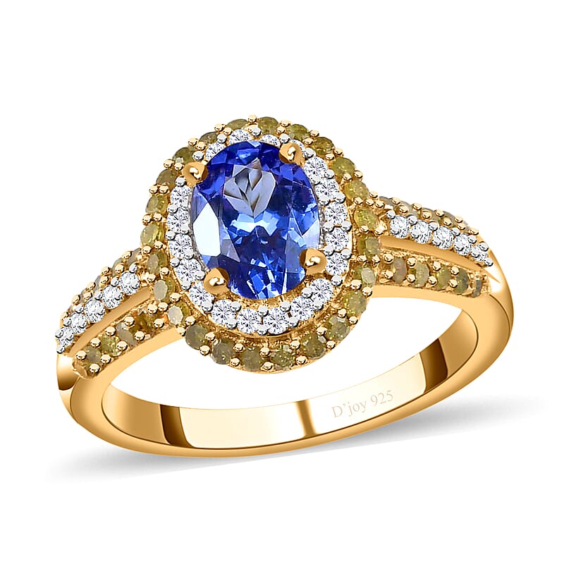 AAA Tanzanite Ring , Tanzanite Halo Ring , Yellow Diamond and White Diamond Accent Ring , Tanzanite Cocktail Ring , Vermeil Yellow Gold Over Sterling Silver Ring 1.60 ctw
