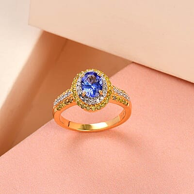AAA Tanzanite Ring , Tanzanite Halo Ring , Yellow Diamond and White Diamond Accent Ring , Tanzanite Cocktail Ring , Vermeil Yellow Gold Over Sterling Silver Ring 1.60 ctw