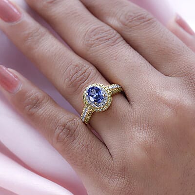 AAA Tanzanite Ring , Tanzanite Halo Ring , Yellow Diamond and White Diamond Accent Ring , Tanzanite Cocktail Ring , Vermeil Yellow Gold Over Sterling Silver Ring 1.60 ctw