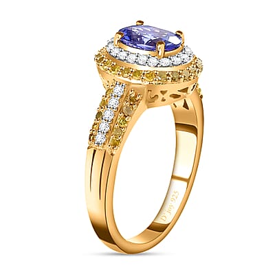 AAA Tanzanite Ring , Tanzanite Halo Ring , Yellow Diamond and White Diamond Accent Ring , Tanzanite Cocktail Ring , Vermeil Yellow Gold Over Sterling Silver Ring 1.60 ctw