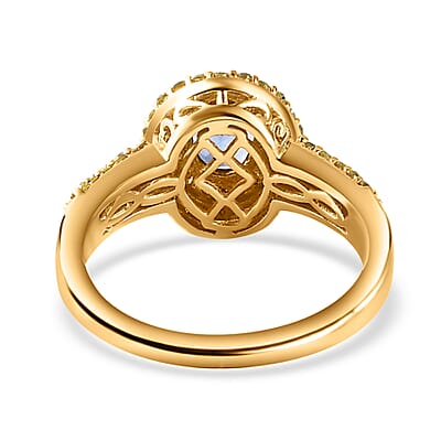 AAA Tanzanite Ring , Tanzanite Halo Ring , Yellow Diamond and White Diamond Accent Ring , Tanzanite Cocktail Ring , Vermeil Yellow Gold Over Sterling Silver Ring 1.60 ctw