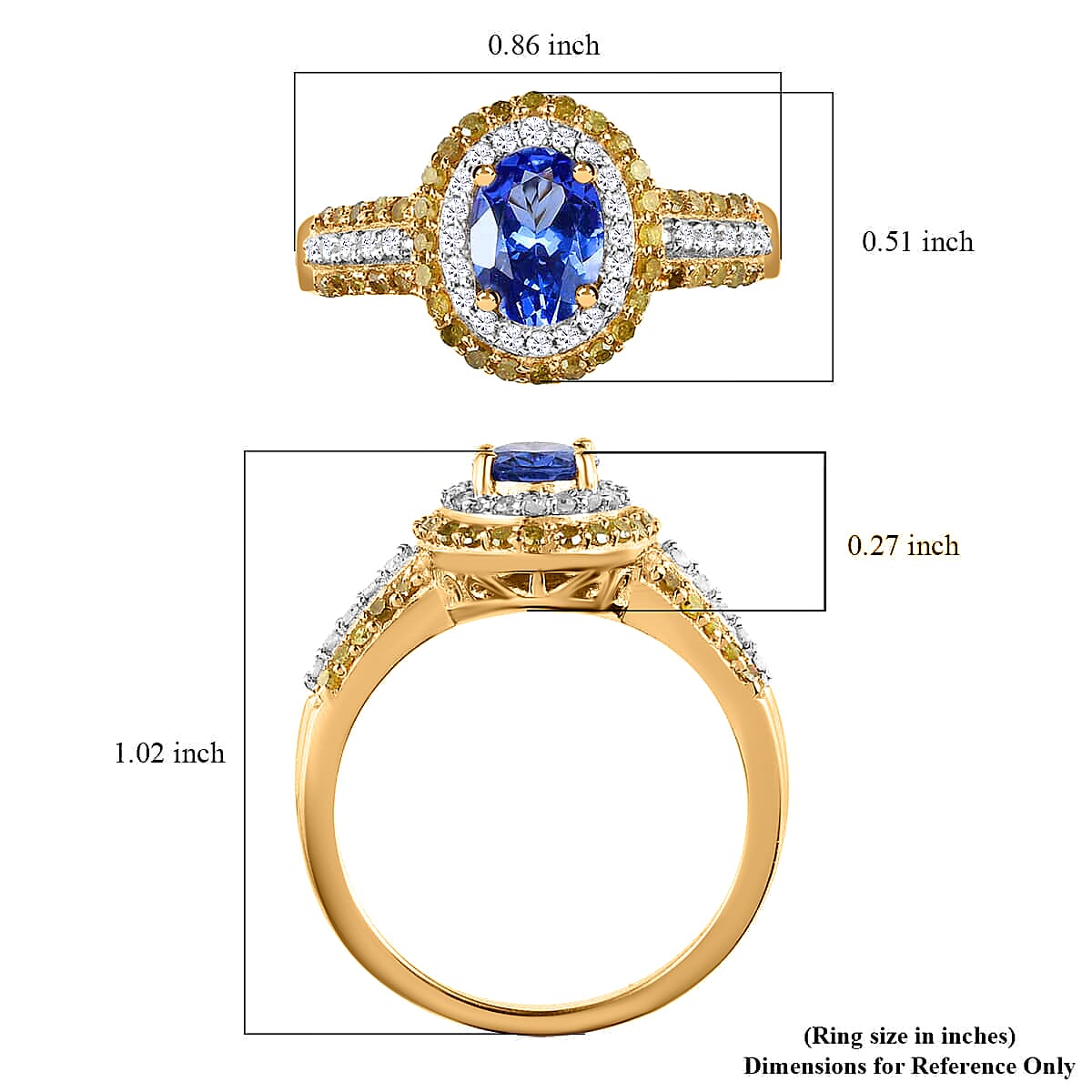 AAA Tanzanite Ring , Tanzanite Halo Ring , Yellow Diamond and White Diamond Accent Ring , Tanzanite Cocktail Ring , Vermeil Yellow Gold Over Sterling Silver Ring 1.60 ctw