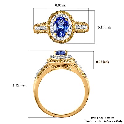 AAA Tanzanite Ring , Tanzanite Halo Ring , Yellow Diamond and White Diamond Accent Ring , Tanzanite Cocktail Ring , Vermeil Yellow Gold Over Sterling Silver Ring 1.60 ctw