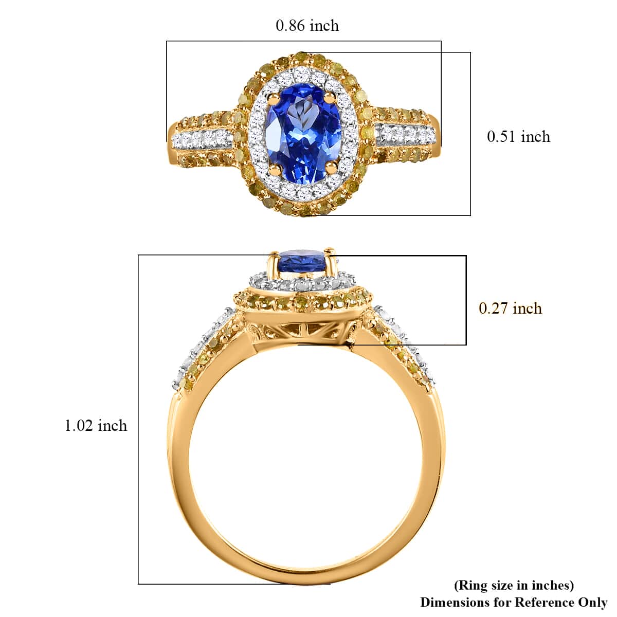 AAA Tanzanite Ring , Tanzanite Halo Ring , Yellow Diamond and White Diamond Accent Ring , Tanzanite Cocktail Ring , Vermeil Yellow Gold Over Sterling Silver Ring 1.60 ctw image number 5