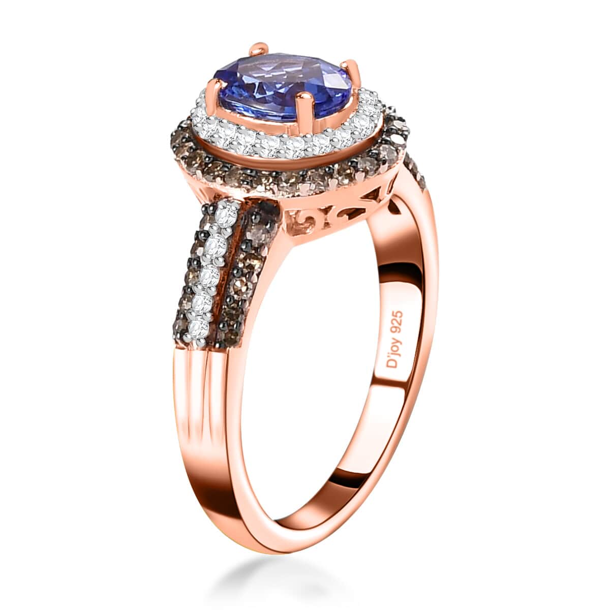 AAA Tanzanite Ring , Tanzanite Halo Ring , Natural Champagne Diamond and White Diamond Accent Ring , Tanzanite Cocktail Ring , Vermeil Rose Gold Over Sterling Silver Ring 1.60 ctw image number 3