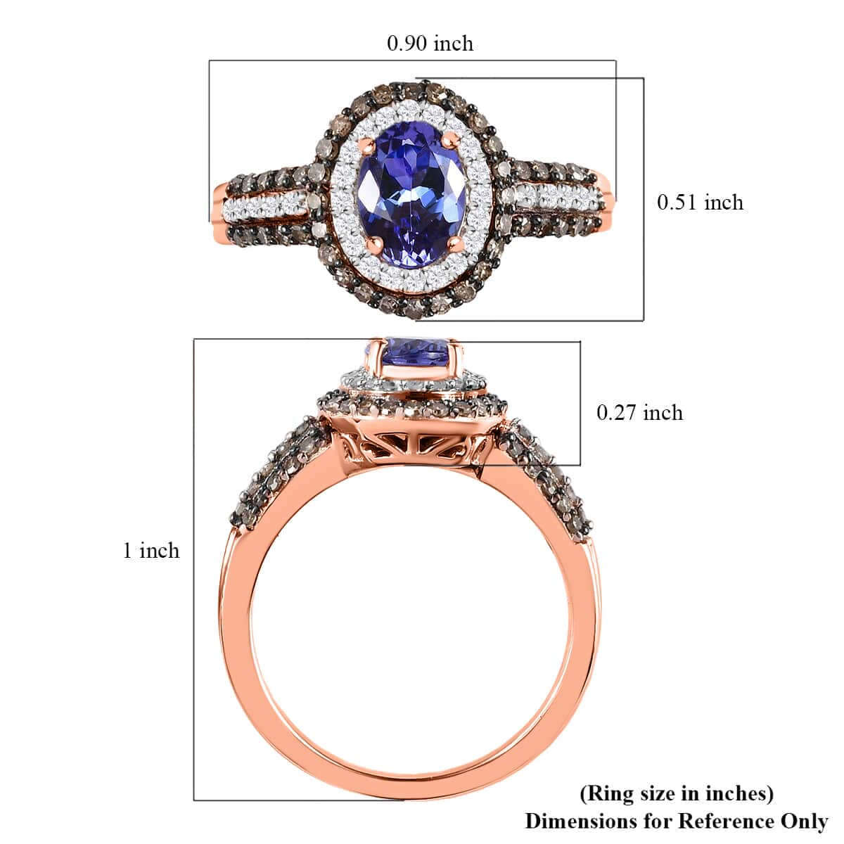 AAA Tanzanite Ring , Tanzanite Halo Ring , Natural Champagne Diamond and White Diamond Accent Ring , Tanzanite Cocktail Ring , Vermeil Rose Gold Over Sterling Silver Ring 1.60 ctw image number 5