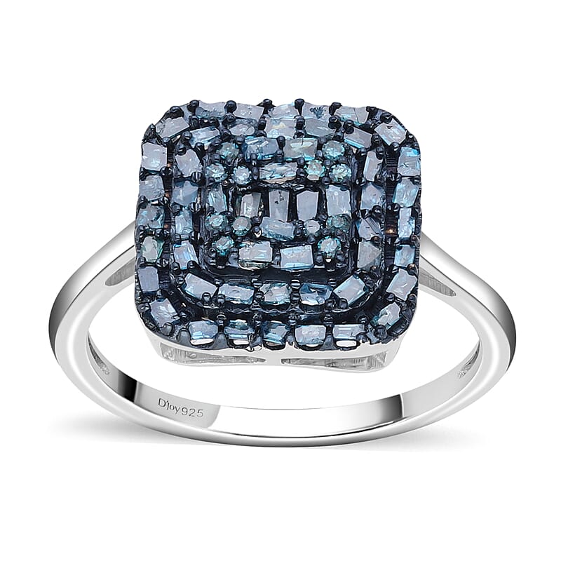 Blue Diamond Cluster Ring in Blue Rhodium and Platinum Over Sterling Silver (Size 10.0) 0.50 ctw