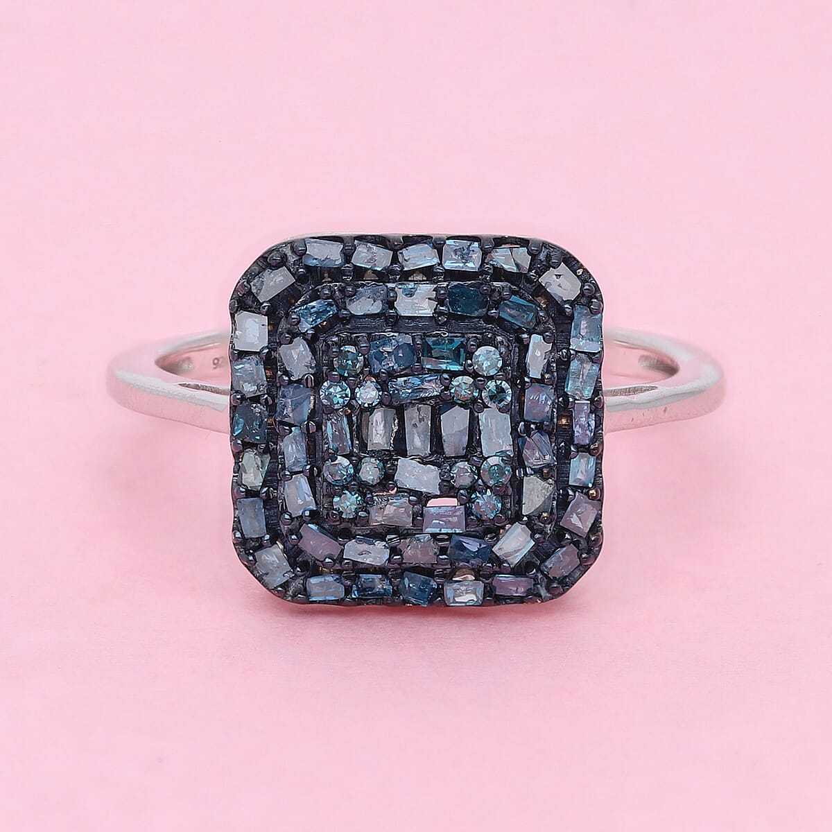 Blue Diamond Cluster Ring in Blue Rhodium and Platinum Over Sterling Silver (Size 10.0) 0.50 ctw image number 1