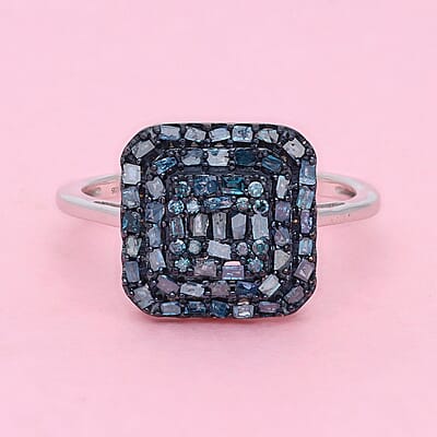 Blue Diamond Cluster Ring in Blue Rhodium and Platinum Over Sterling Silver (Size 10.0) 0.50 ctw