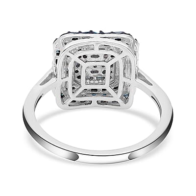 Blue Diamond Cluster Ring in Blue Rhodium and Platinum Over Sterling Silver (Size 10.0) 0.50 ctw