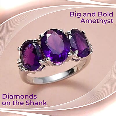 Amethyst Trilogy Ring, Diamond Accent Ring, Platinum Over Sterling Silver Ring, Purple Ring 4.00 ctw (Size 10.00)