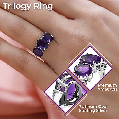 Amethyst Trilogy Ring, Diamond Accent Ring, Platinum Over Sterling Silver Ring, Purple Ring 4.00 ctw (Size 10.00)