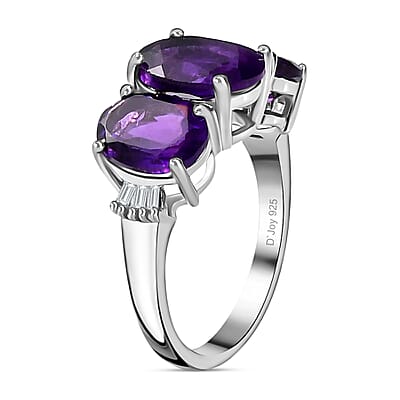 Amethyst Trilogy Ring, Diamond Accent Ring, Platinum Over Sterling Silver Ring, Purple Ring 4.00 ctw (Size 10.00)
