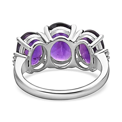 Amethyst Trilogy Ring, Diamond Accent Ring, Platinum Over Sterling Silver Ring, Purple Ring 4.00 ctw (Size 10.00)