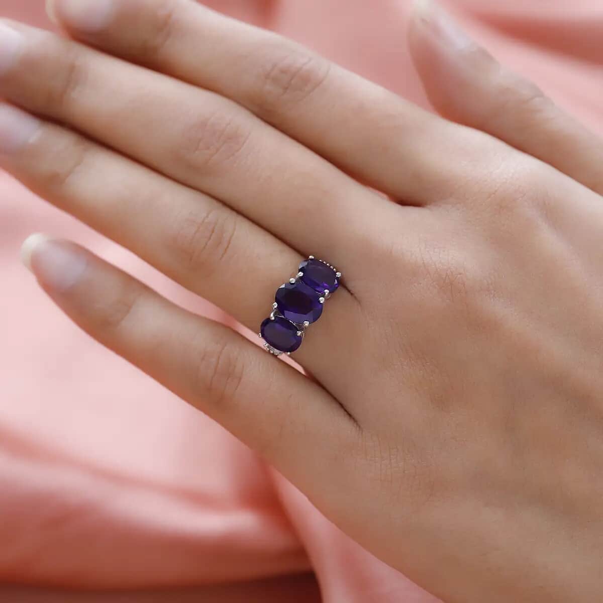 Amethyst and Diamond Trilogy Ring in Platinum Over Sterling Silver 3.85 ctw image number 5